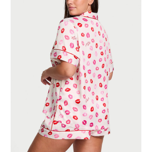 Пижама Glazed Satin Short Pajama Set Coconut White & Lipstick Kisses