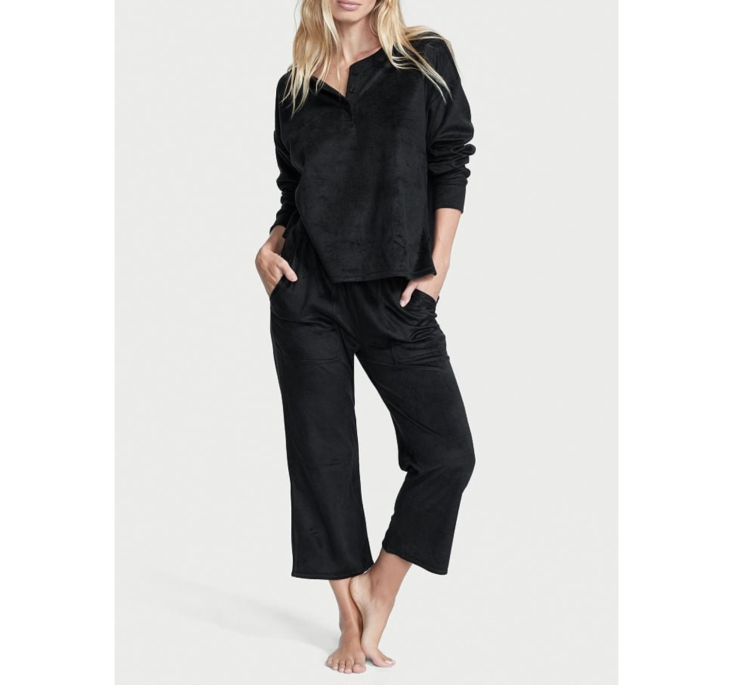 Пижама Cozy Fleece Henley Long Pajama Set Black