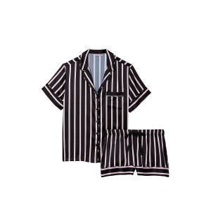 Пижама Satin Short Pajama Set Black Pink Stripes