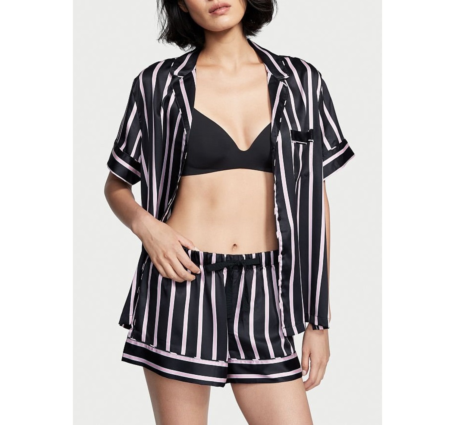 Пижама Satin Short Pajama Set Black Pink Stripes