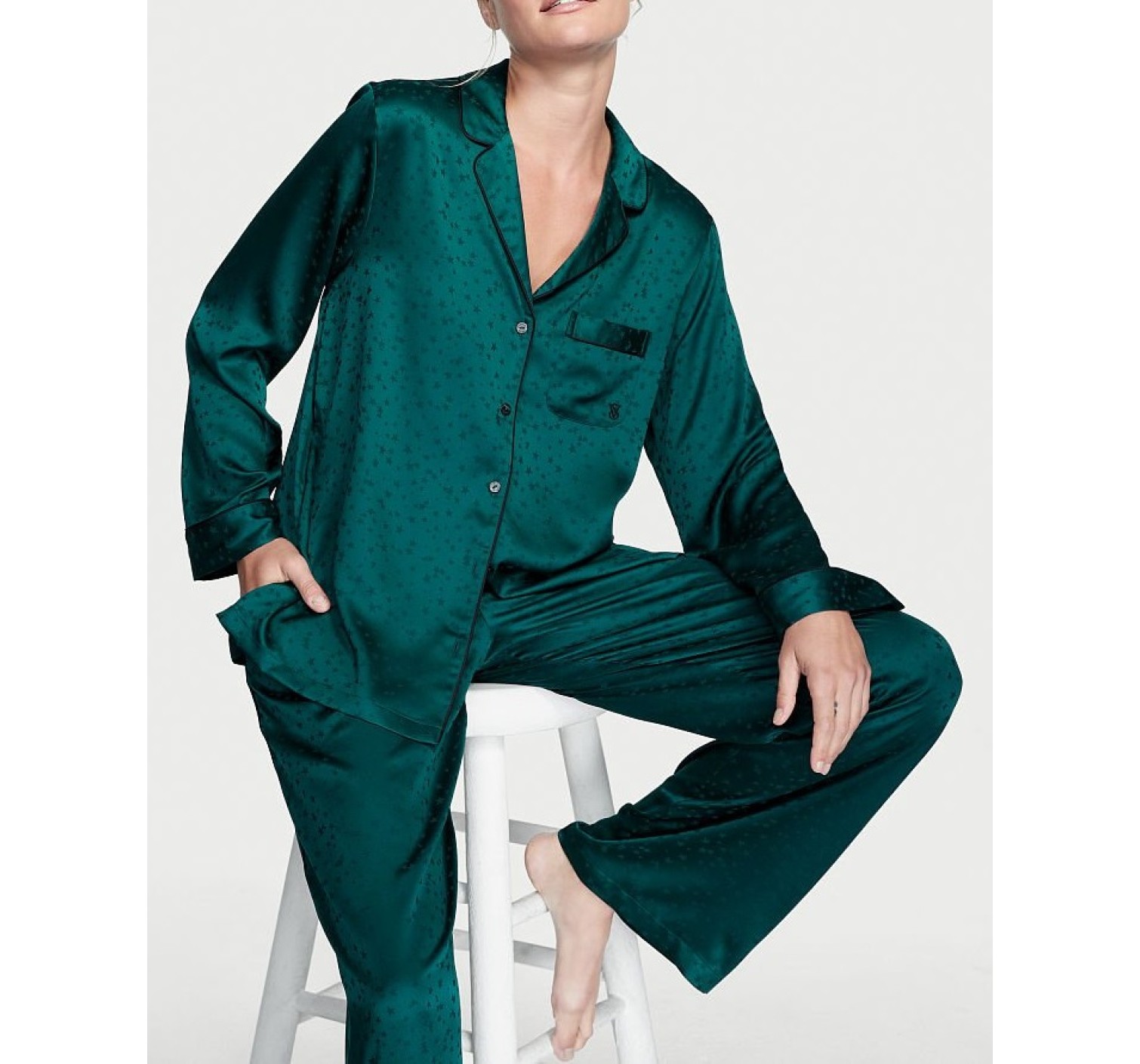 Сатиновая пижама Satin Long Pj Set Deep Green Stars
