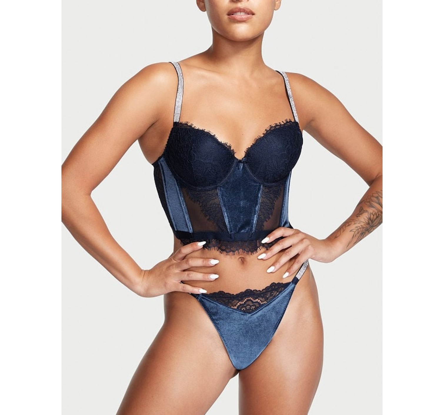 Комплект білизни DREAM ANGELS Lace & Velvet Shine Strap Corset Top Bra set Noir Navy