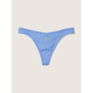 Трусики PINK Cotton Thong Panty Blue With Diamante