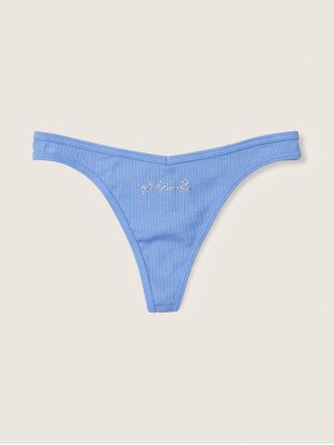 Трусики PINK Cotton Thong Panty Blue With Diamante