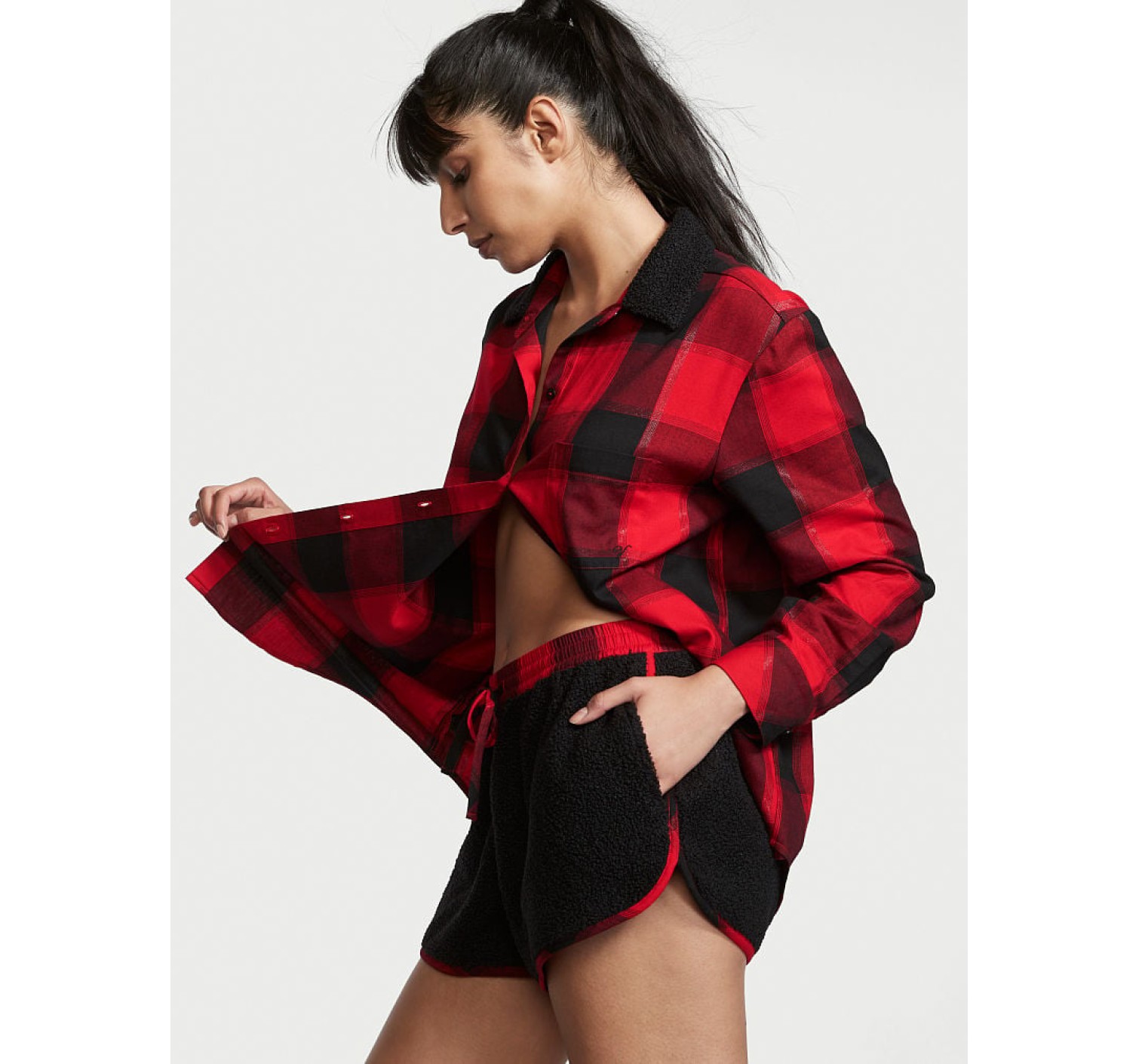 Пижама Flannel Short Cozy Fleece Long-Sleeve PJ Set Red Plaid