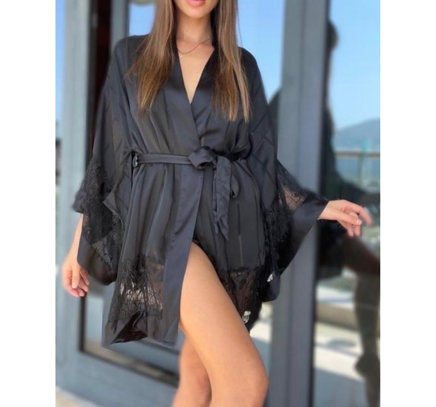 Халат Victoria's Secret Lace Insert Short Kimono Robe Black