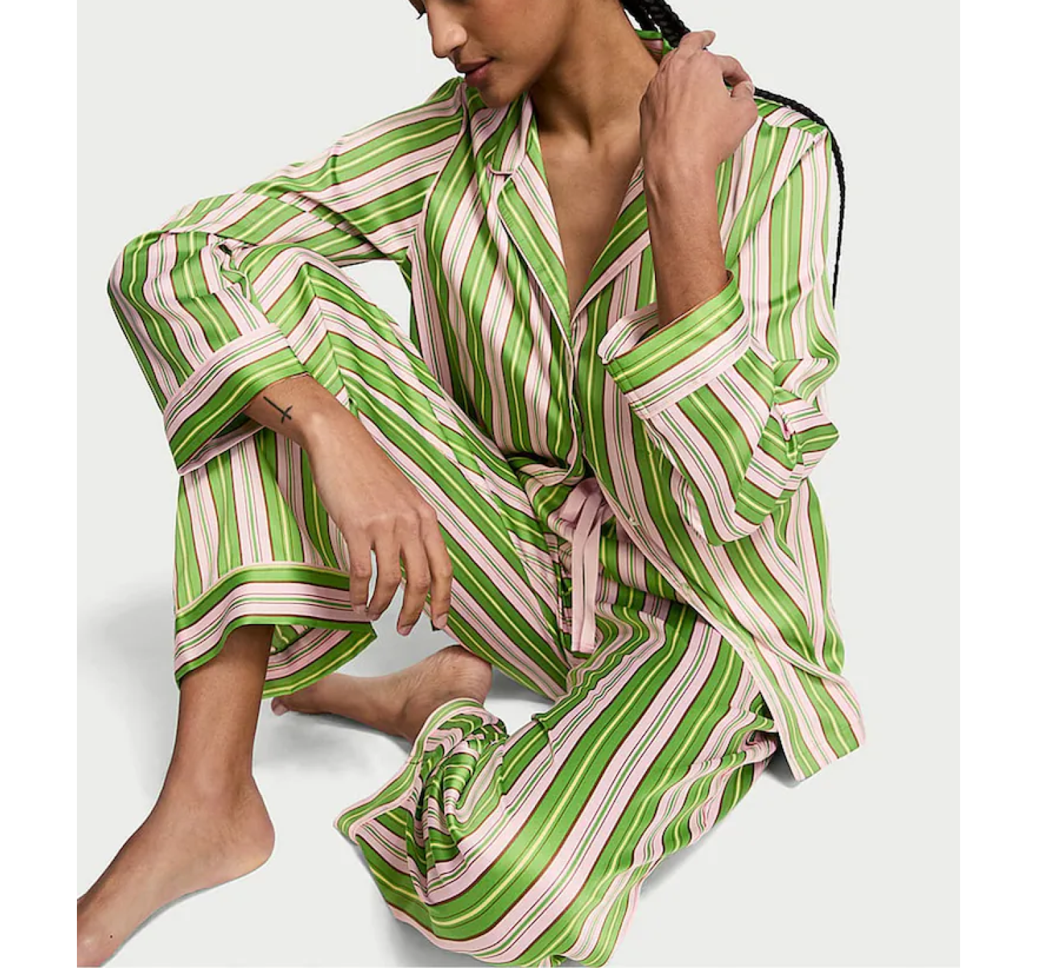 Піжама Satin Long Pajama Set Green Stripe