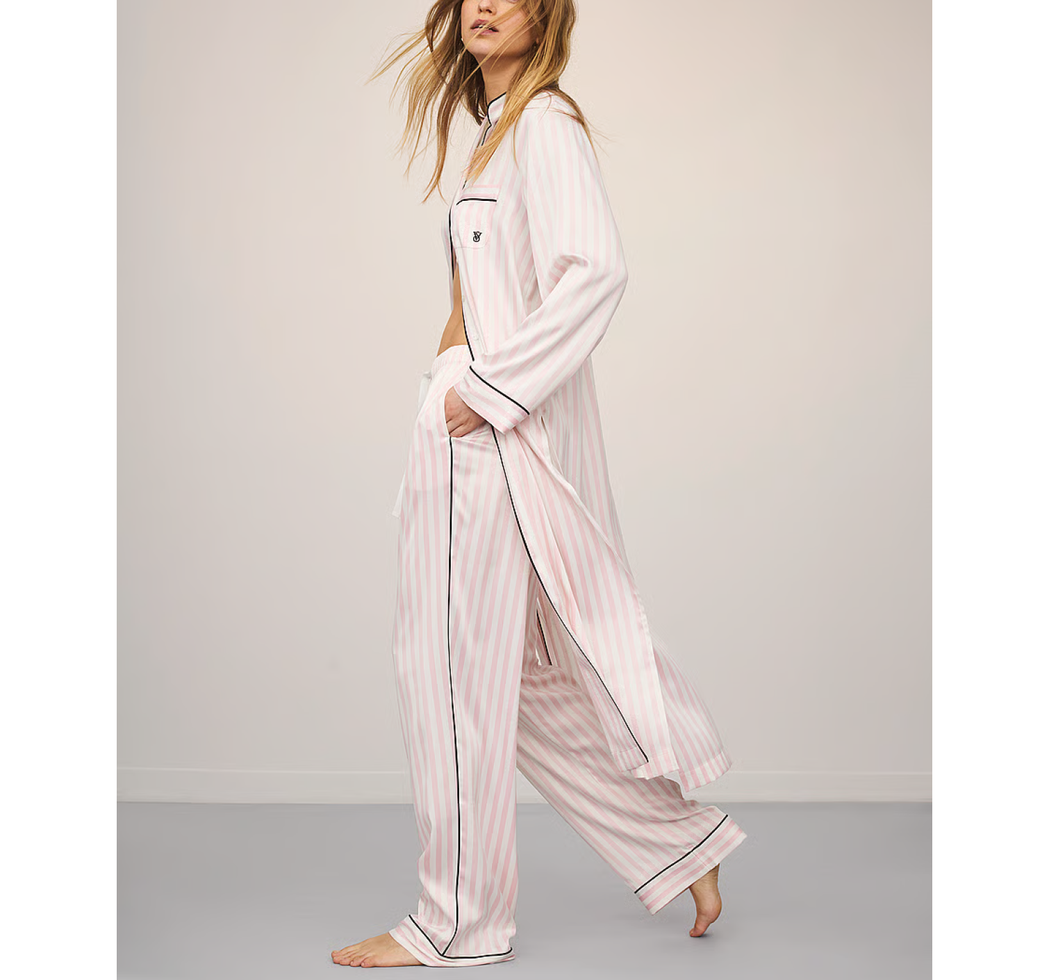 Сатинова піжама Satin Long Flyaway Tunic Pajama Set Pink Stripe