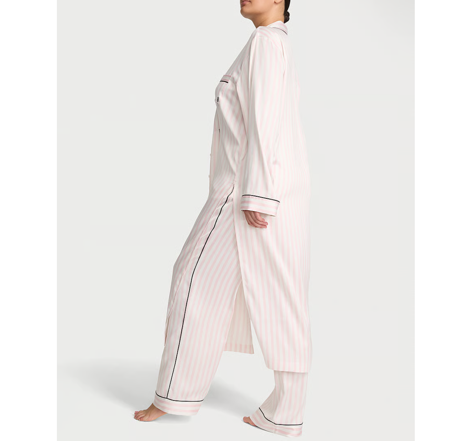 Сатинова піжама Satin Long Flyaway Tunic Pajama Set Pink Stripe