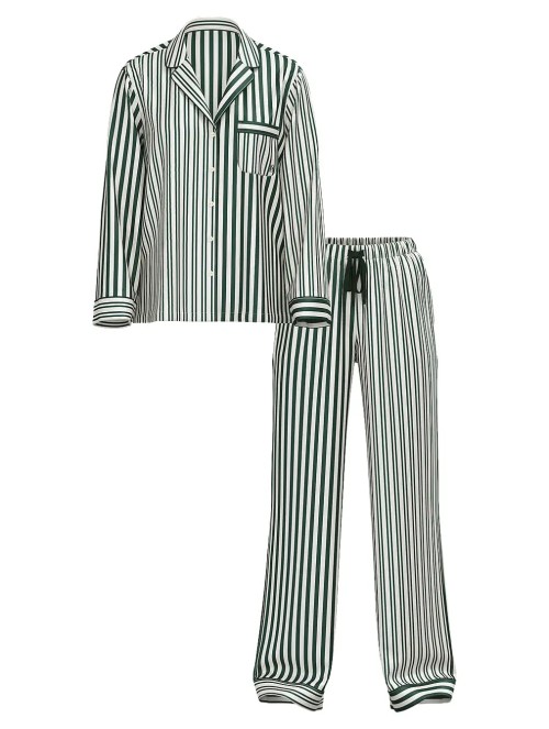 Сатинова піжама Glazed Satin Long Pajama Set Green Stripe