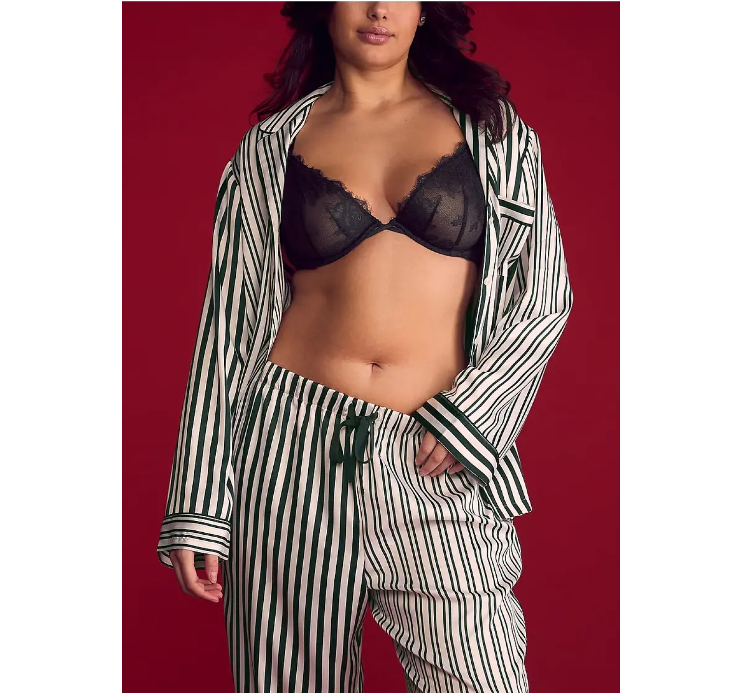 Сатиновая пижама Glazed Satin Long Pajama Set Green Stripe