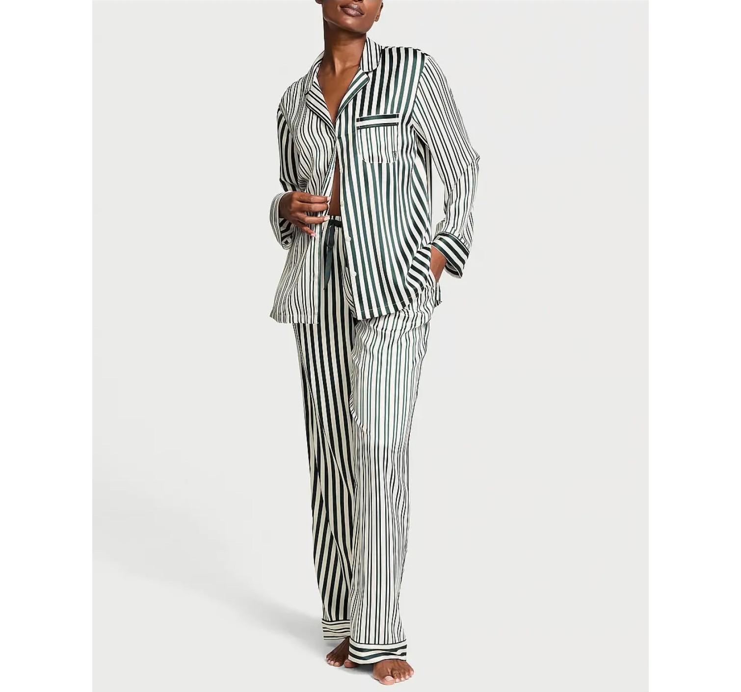 Сатиновая пижама Glazed Satin Long Pajama Set Green Stripe