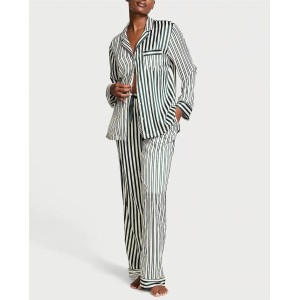 Сатиновая пижама Glazed Satin Long Pajama Set Green Stripe