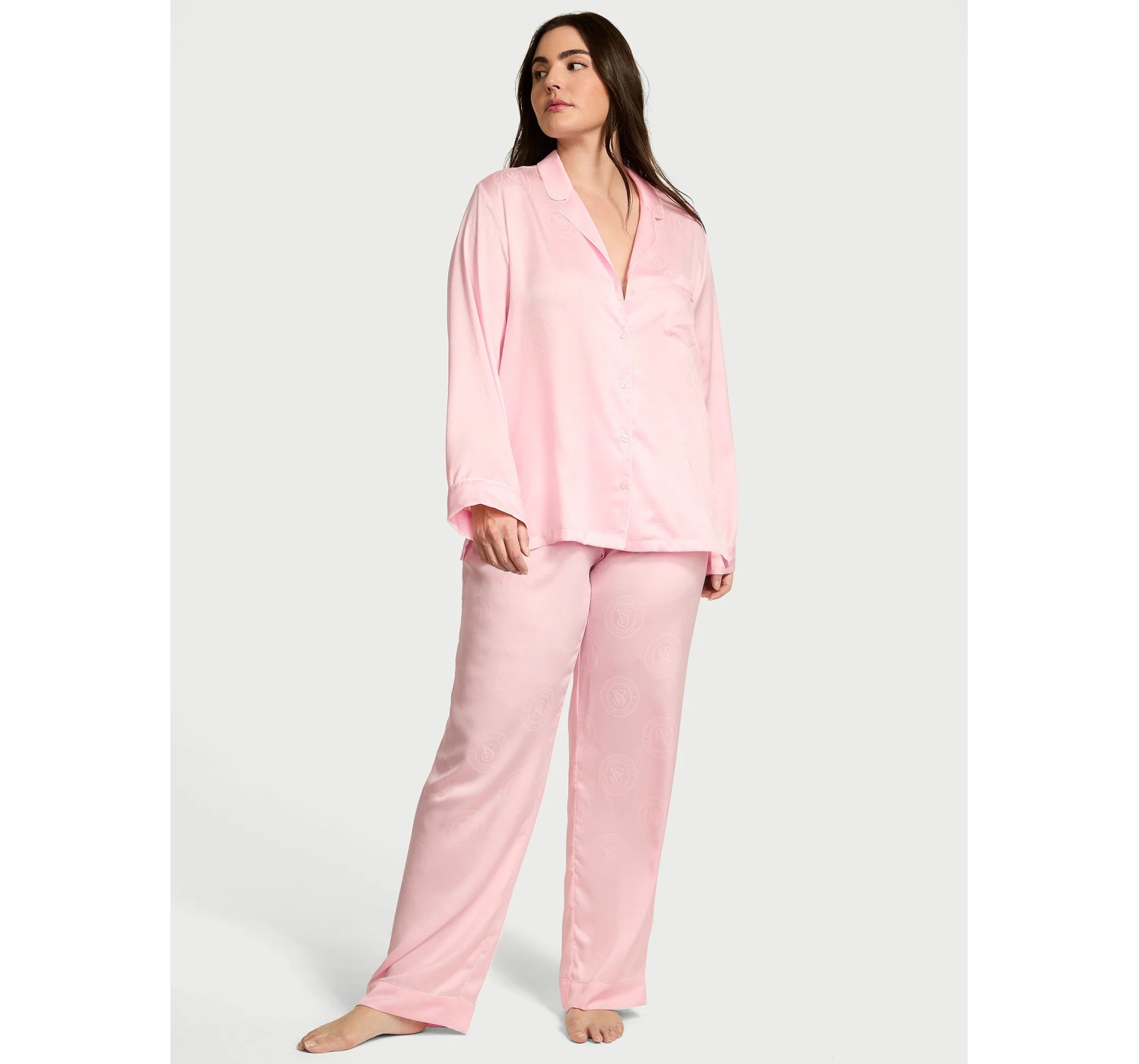 Піжама Glazed Satin Long Pajama Set Angel Pink Crest Jacquard