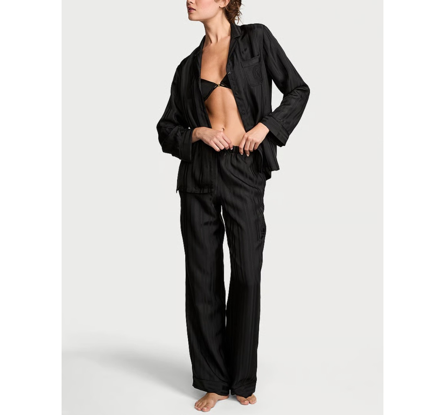 Сатиновая пижама Glazed Satin Long Pajama Set Black