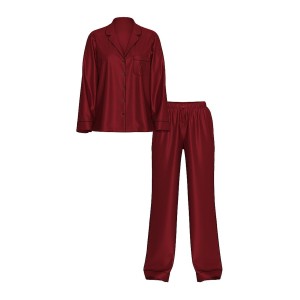 Пижама Glazed Satin Long Pajama Set Sangria Red Stripe Jacquard