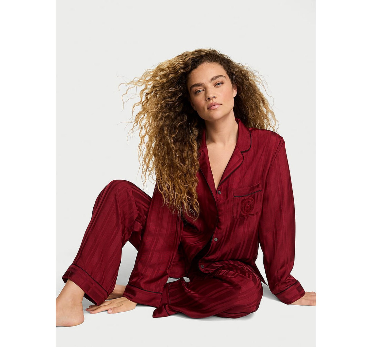 Пижама Glazed Satin Long Pajama Set Sangria Red Stripe Jacquard