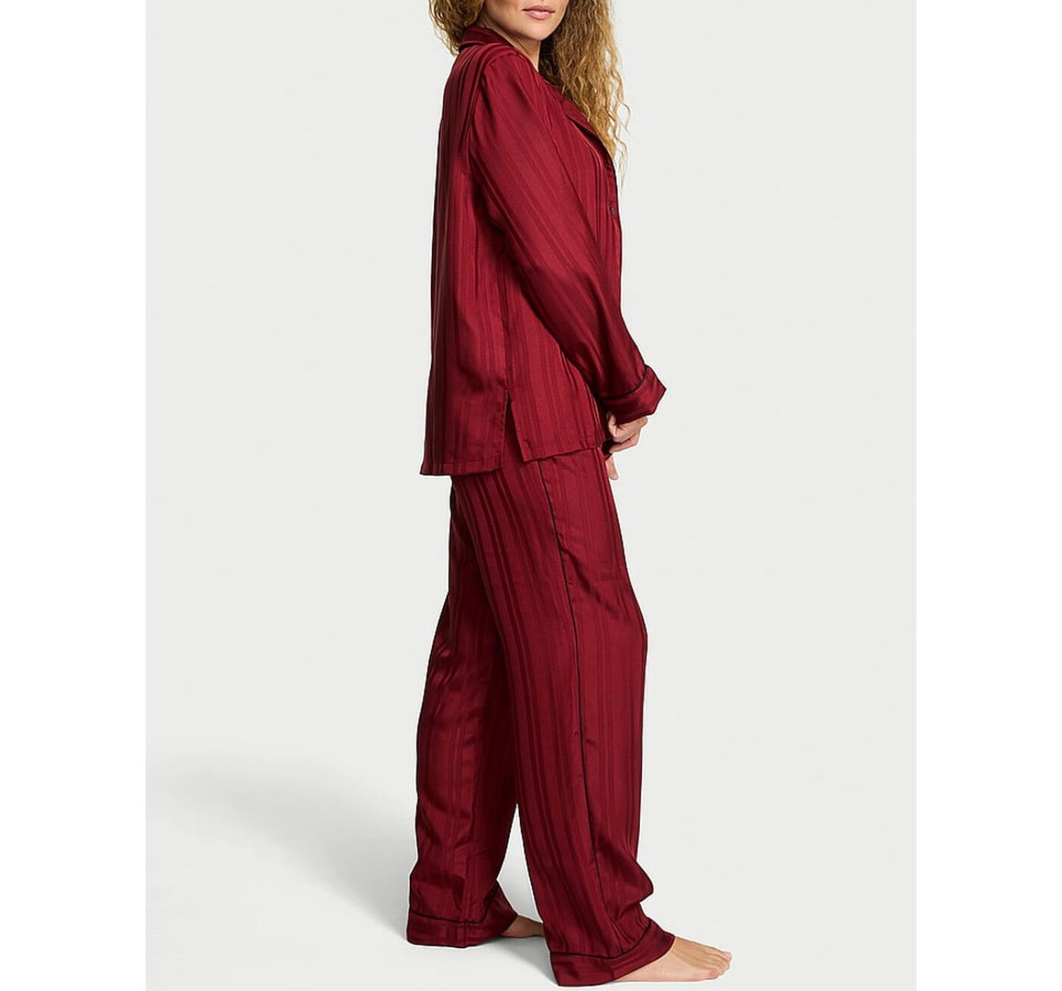 Пижама Glazed Satin Long Pajama Set Sangria Red Stripe Jacquard