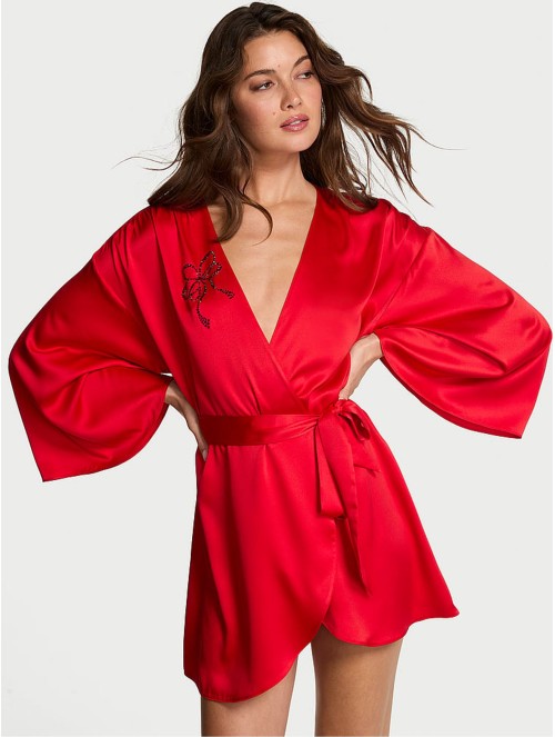 Сатиновый халат Victoria's Secret Bright Vermillion Red Satin Sparkle Bow Short Robe