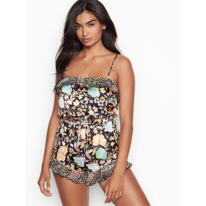 Сатиновая пижама Victoria’s Secret Flounce Romper Black Fancy Floral