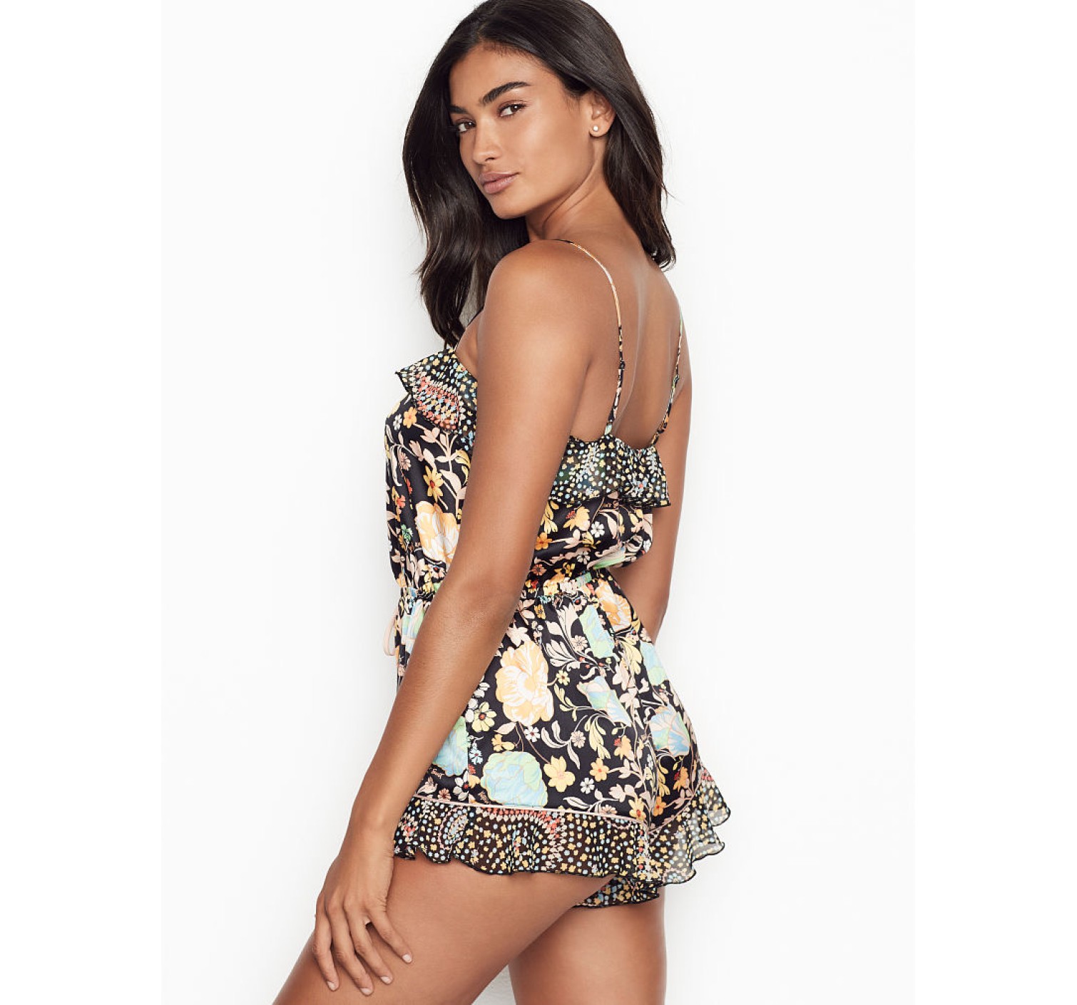 Сатиновая пижама Victoria’s Secret Flounce Romper Black Fancy Floral