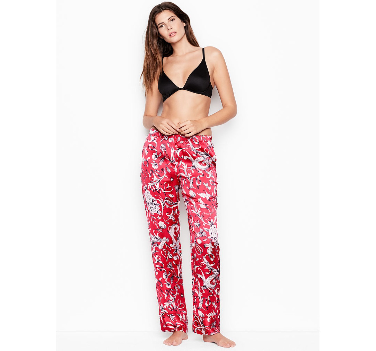 Сатиновая пижама Victoria’s Secret Satin PJ set, красная, Lux print Roses