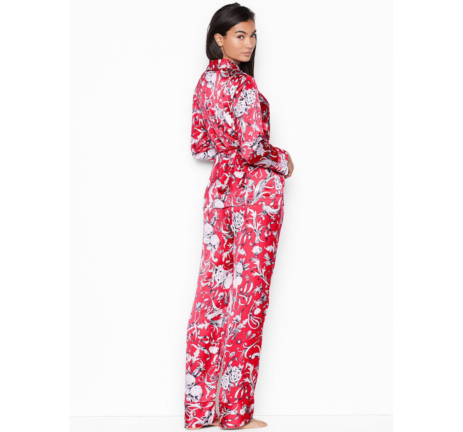 Сатиновая пижама Victoria’s Secret Satin PJ set, красная, Lux print Roses