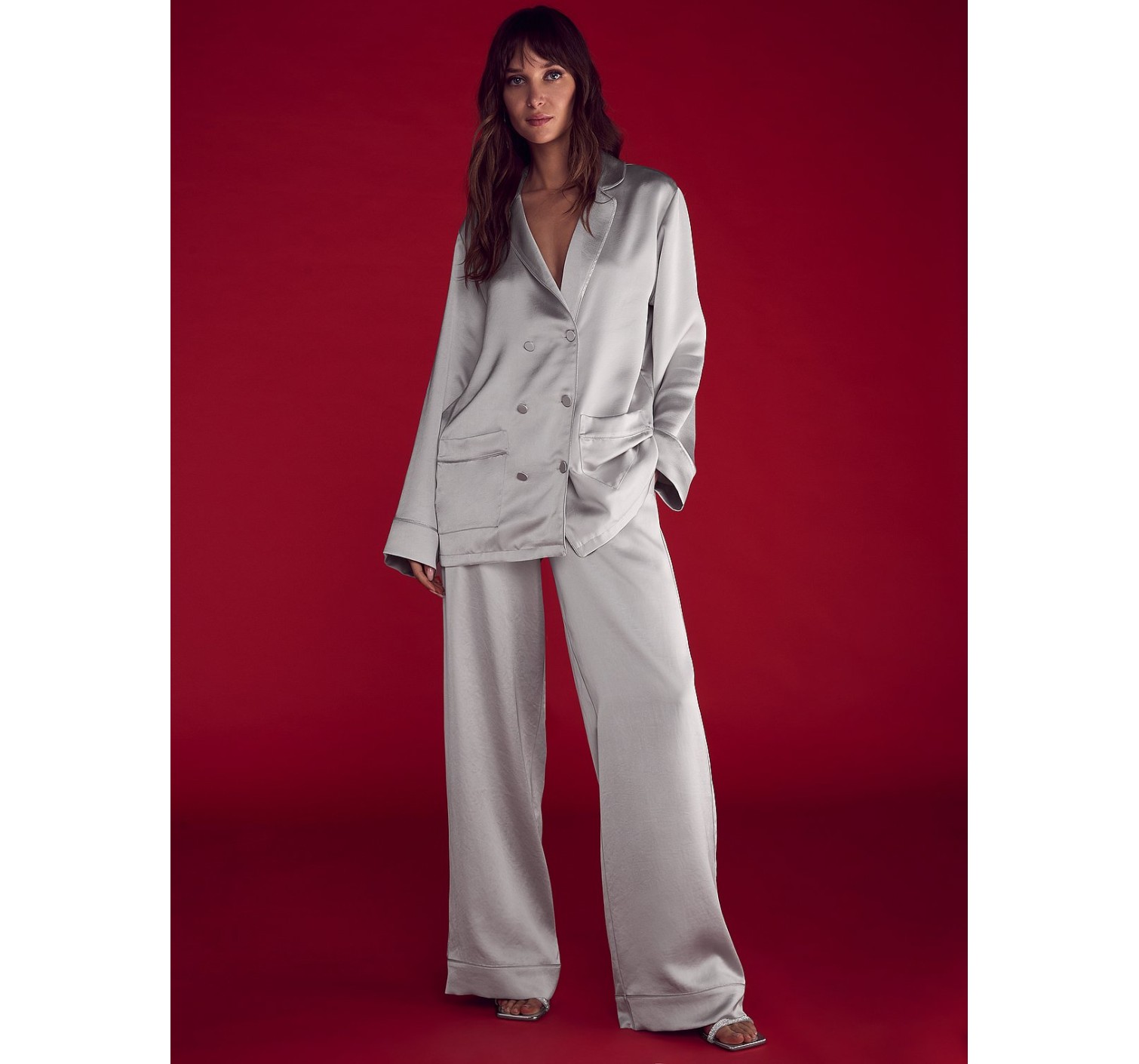 Піжама Victoria's Secret Luxe Satin Double-Breasted Long Pajama Set Grey