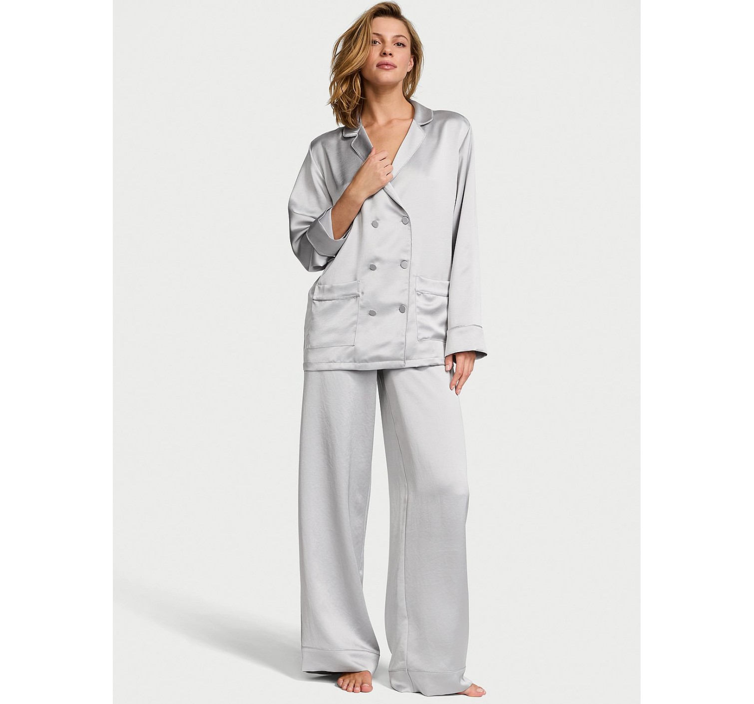 Піжама Victoria's Secret Luxe Satin Double-Breasted Long Pajama Set Grey