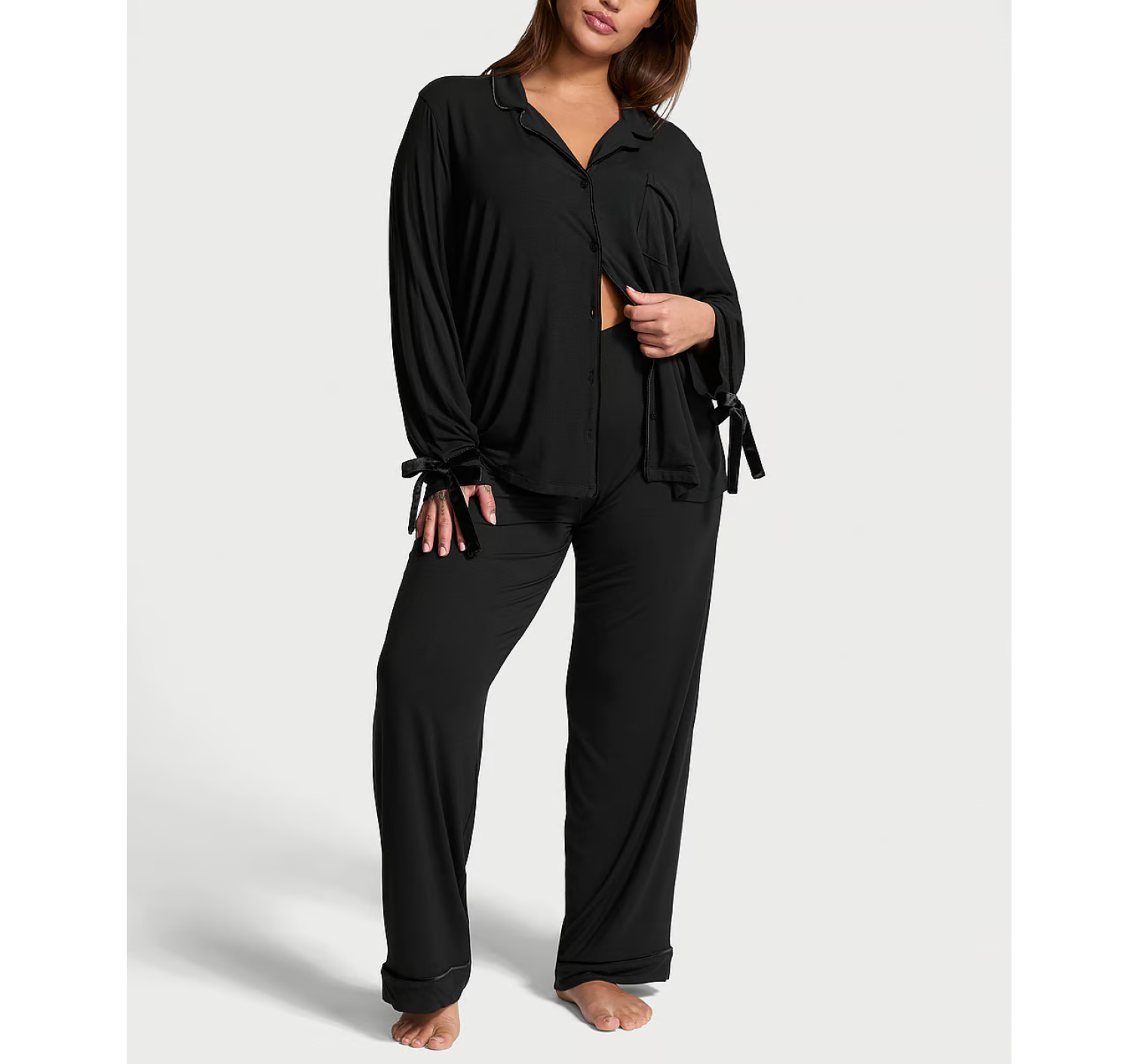 Пижама Modal Soft Velvet-Trim Long Pajama Set Black