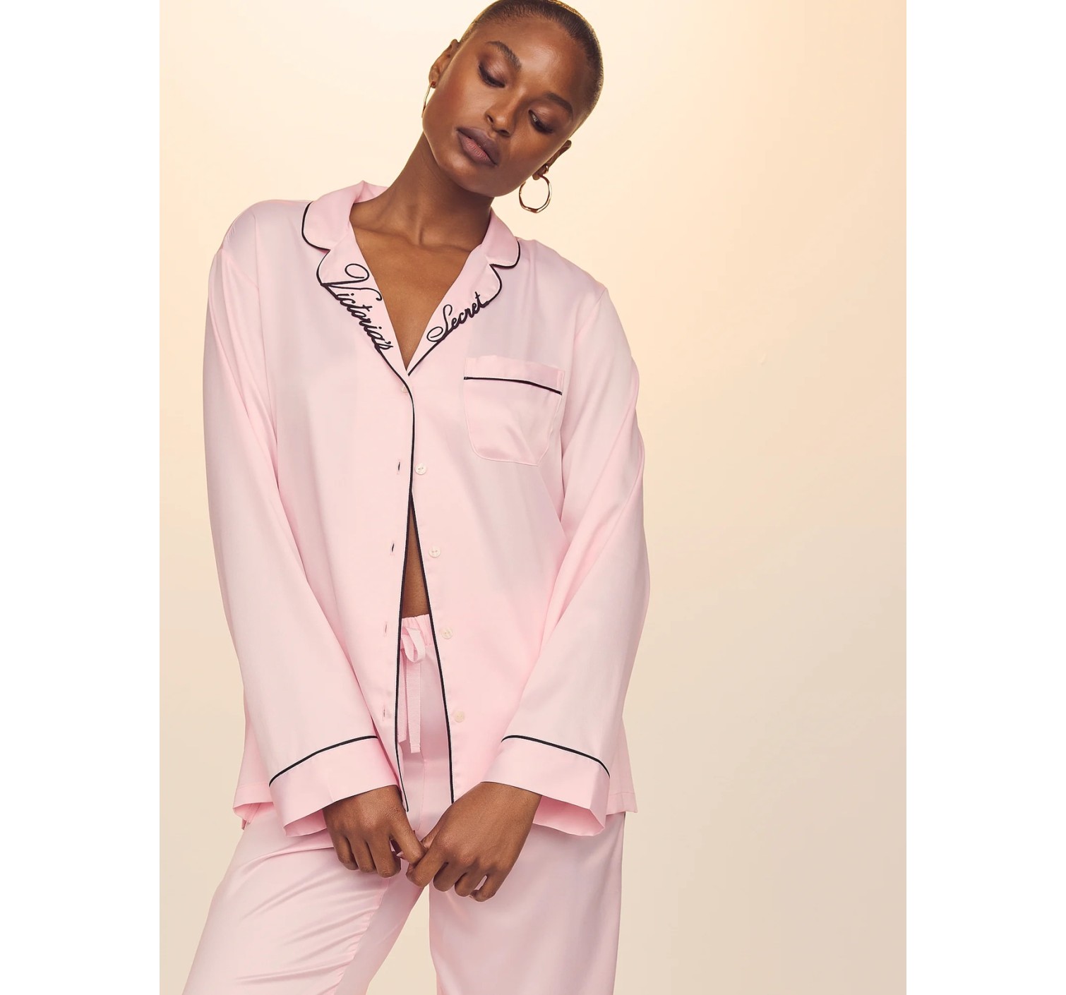 Пижама Glazed Satin Long Pajama Set Collar Embroidery