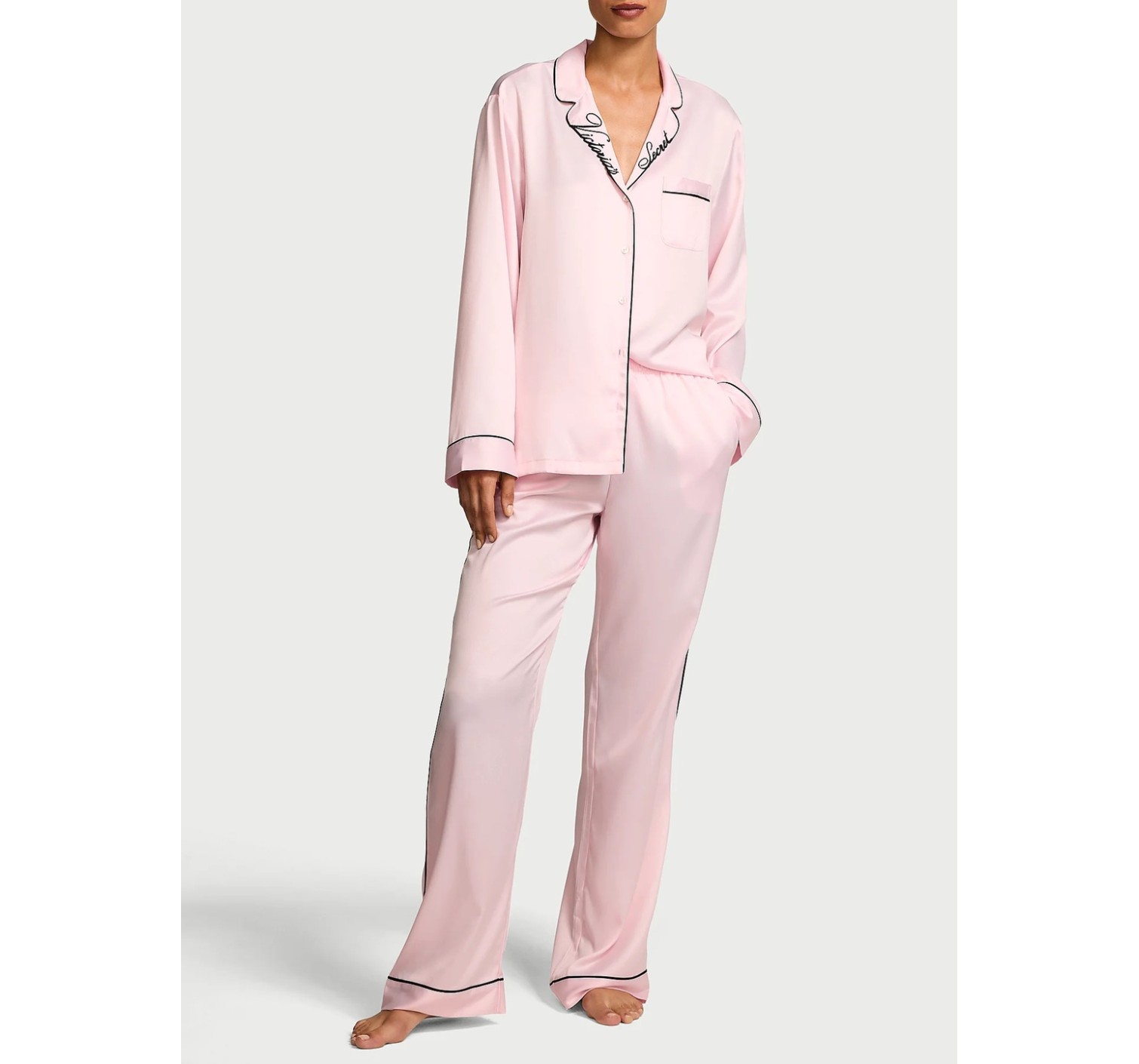 Пижама Glazed Satin Long Pajama Set Collar Embroidery