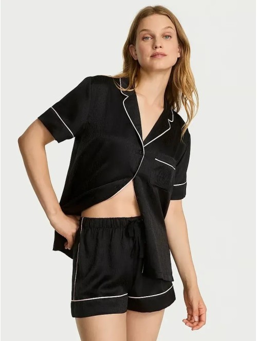 Піжама Glazed Satin Short Pajama Set Scrip Logo Black 