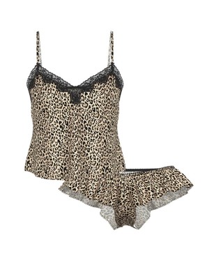 Піжама Tease Satin Lace Trim Cami & Flutter Shorts Set Natural Leopard