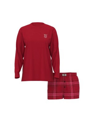 Пижама Victoria's Secret Flannel Long-sleeve Short Tee-Jama Set Red