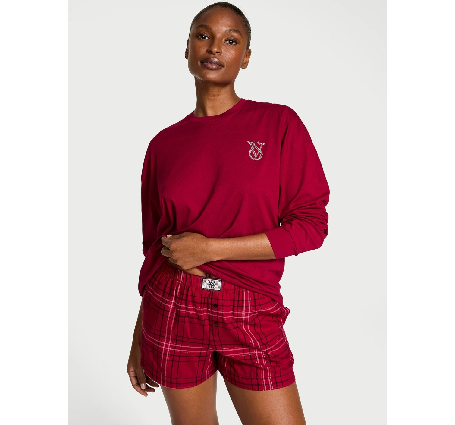 Пижама Victoria's Secret Flannel Long-sleeve Short Tee-Jama Set Red