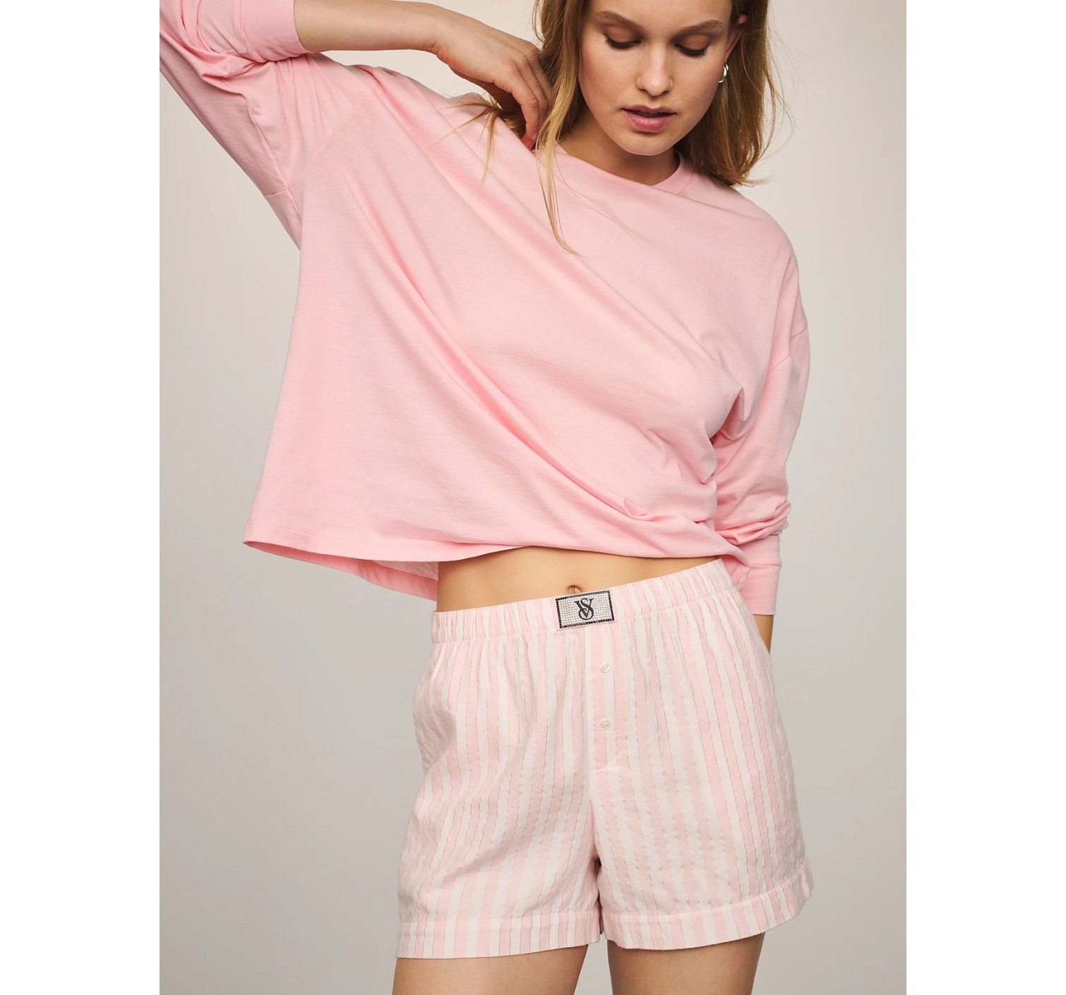 Пижама Victoria's Secret Flannel Long-sleeve Short Tee-Jama Set Pretty Blossom Stripes