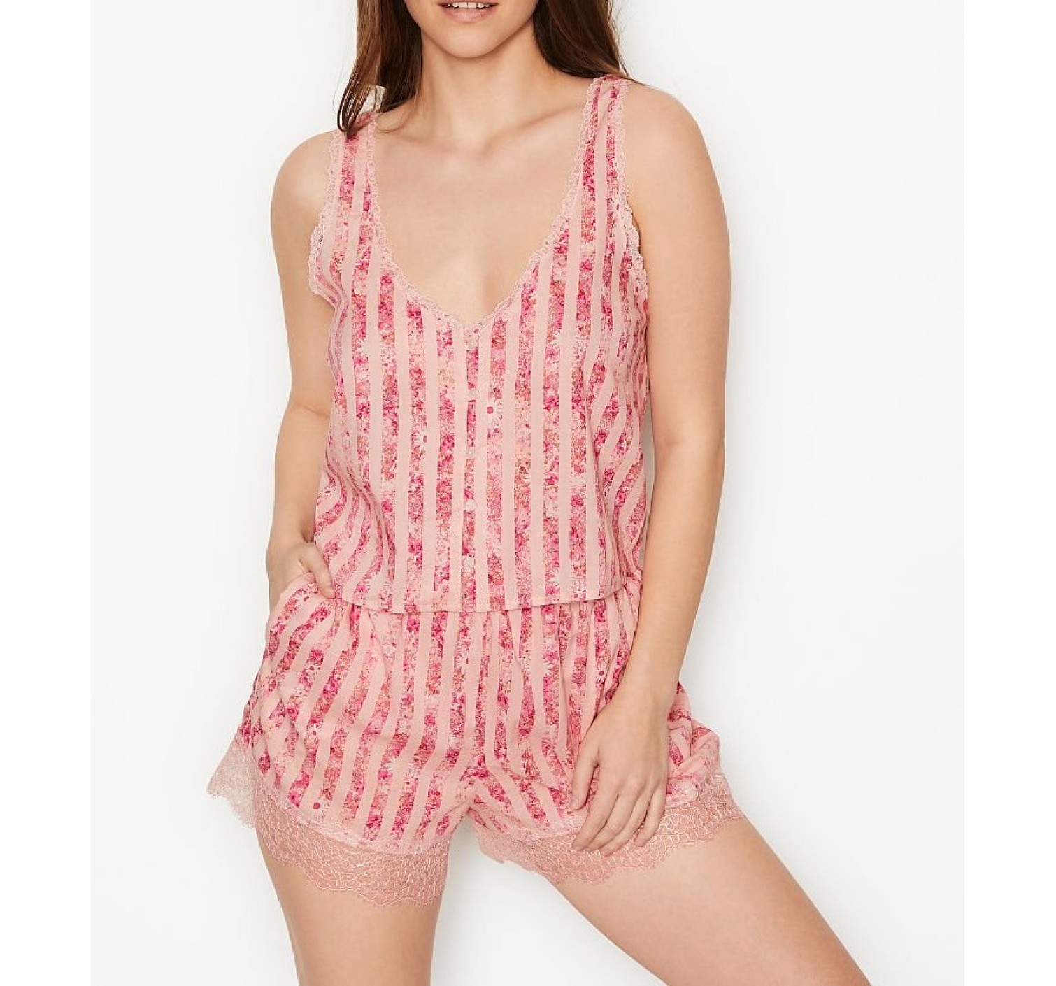 Пижама Victoria’s Secret Cotton Short Cami PJ Set Pink Stripes Flower print