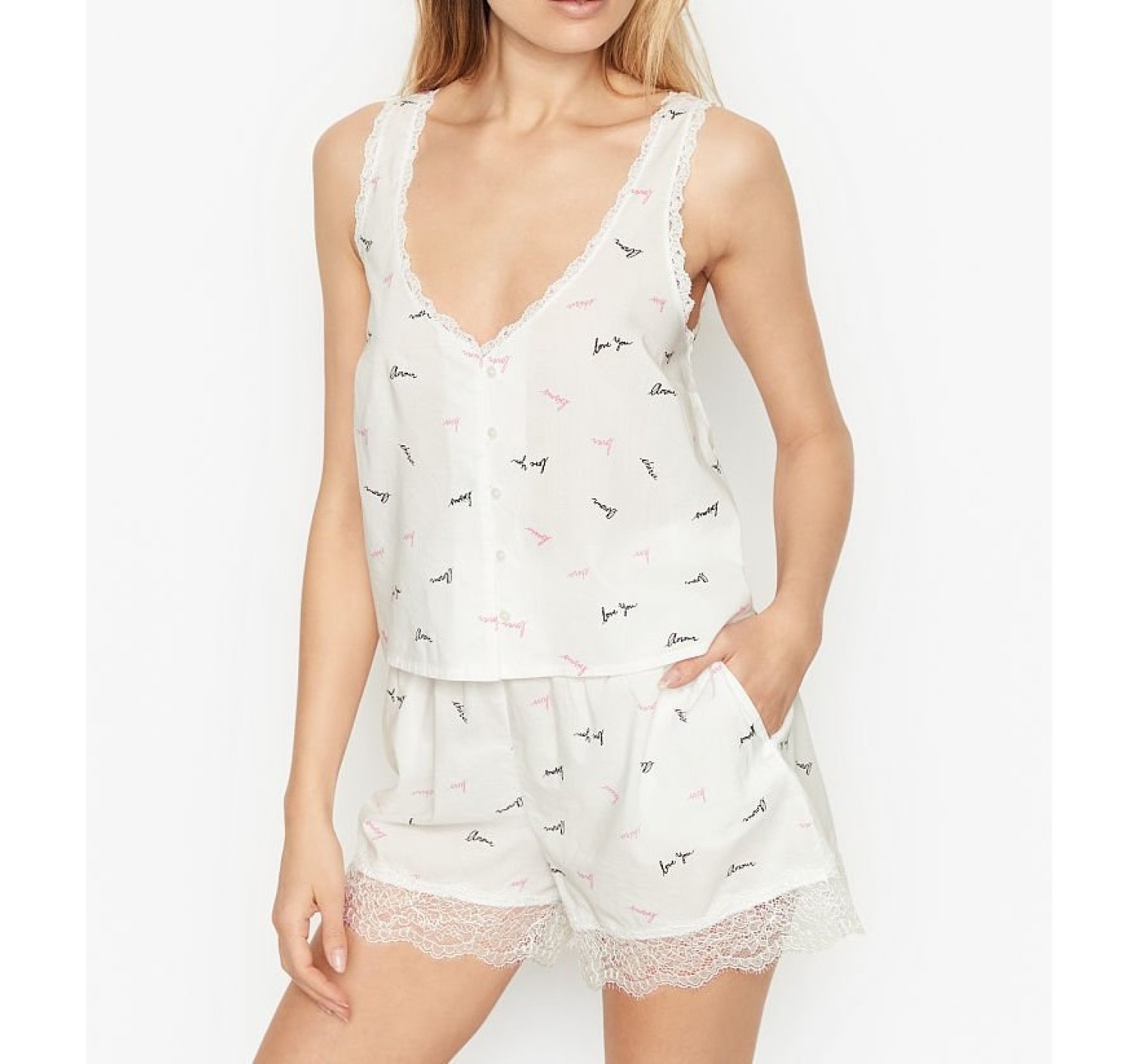 Піжама Victorias Secret Cotton Short Cami PJ Set White & Lace