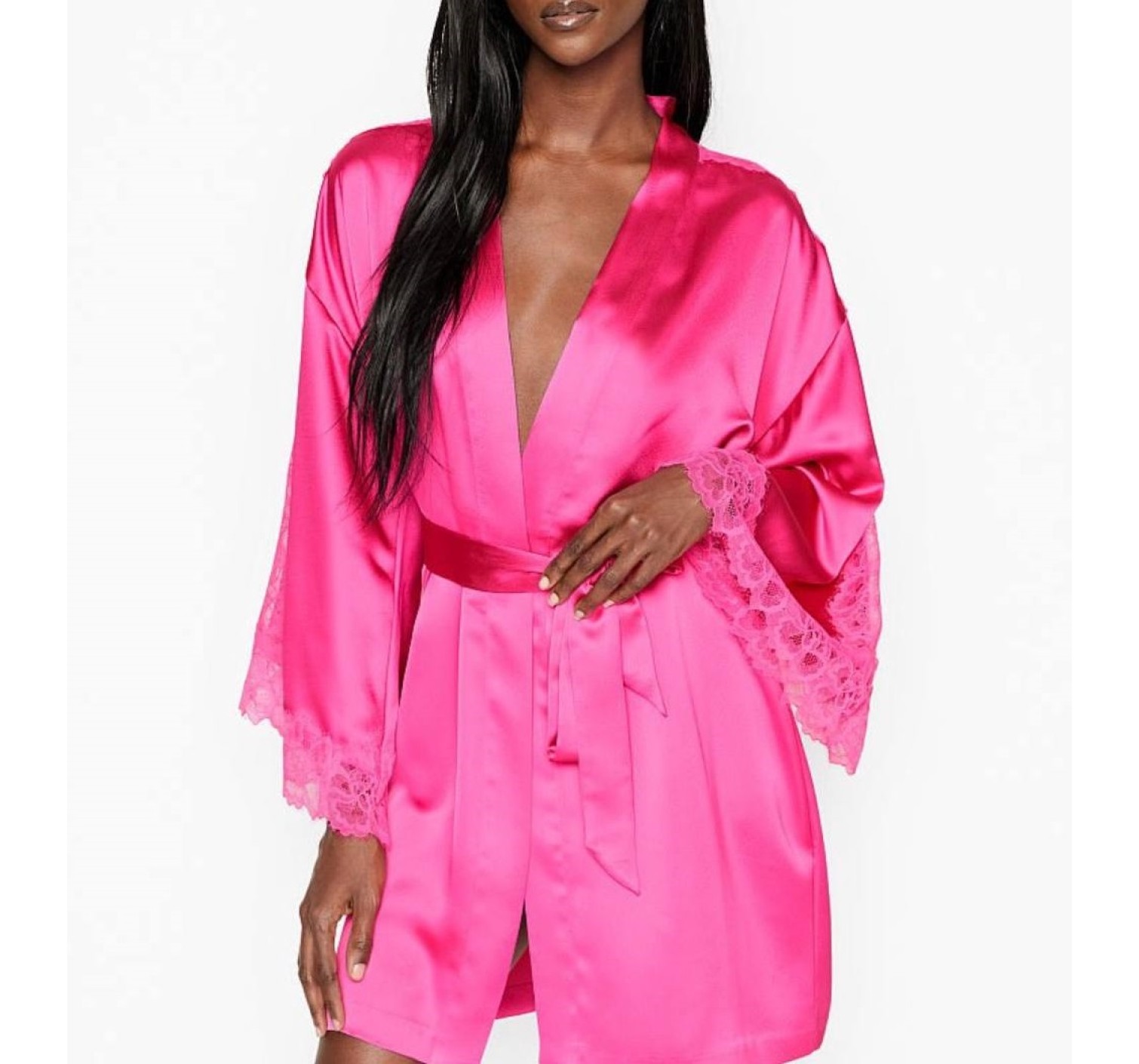 Халат Victoria's Secret Satin Lace Kimono Fuchsia
