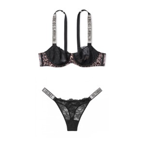 Черный комплект белья Виктория Сикрет Unlined Lace Shine Strap Balconette Bra set