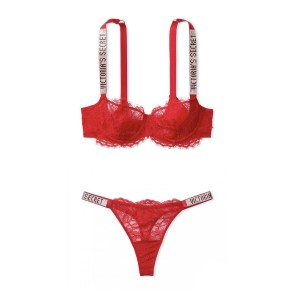 Червоний комплект білизни Вікторія Сікрет Unlined Lace Shine Strap Balconette Bra set