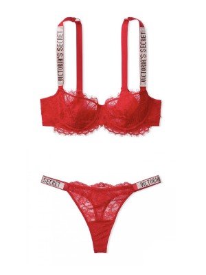 Червоний комплект білизни Вікторія Сікрет Unlined Lace Shine Strap Balconette Bra set