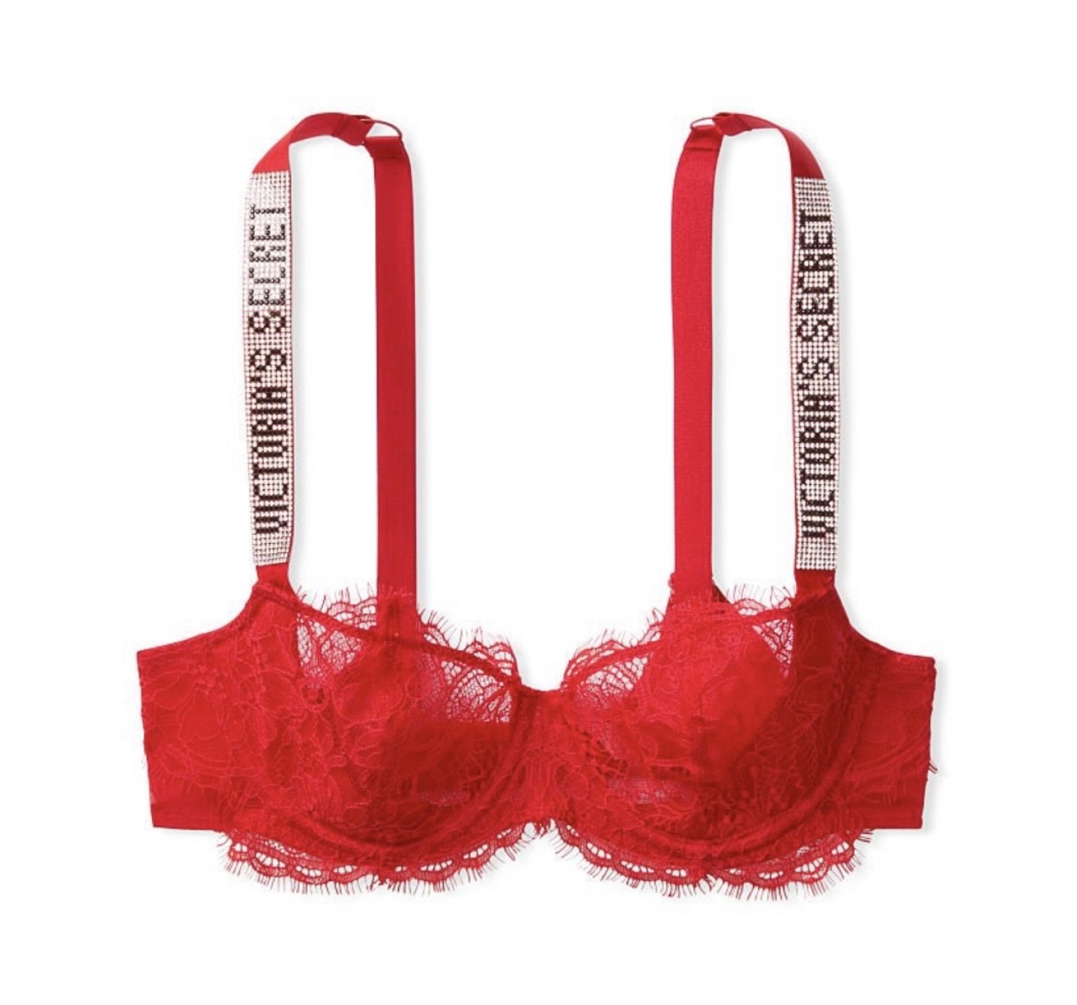 Червоний комплект білизни Вікторія Сікрет Unlined Lace Shine Strap Balconette Bra set