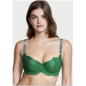 Зеленый комплект белья Виктория Сикрет Unlined Lace Shine Strap Balconette Bra set
