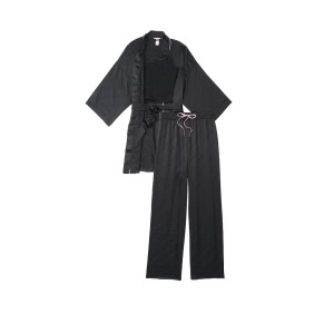 Пижама Victoria’s Secret Satin 3-Piece PJ Set Black logo