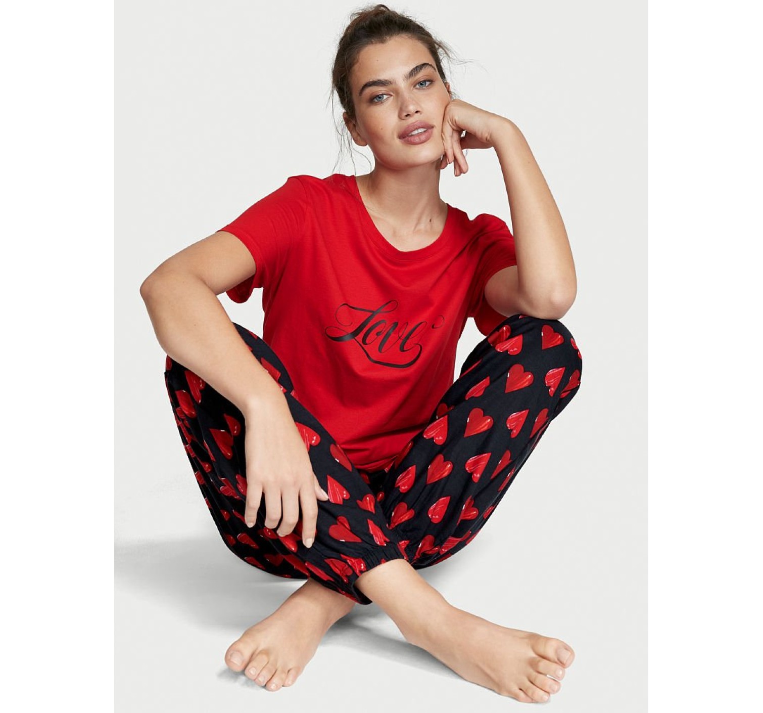 Піжама Victorias Secret Cotton & Flannel Long PJ Set Red Hearts Logo VS