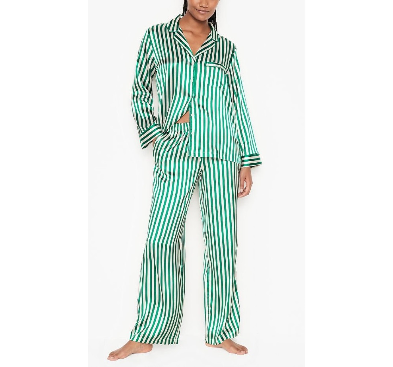 Сатиновая пижама VS Satin Long Pj Set Rainforest Green Stripe