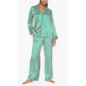 Сатиновая пижама VS Satin Long Pj Set Rainforest Green Stripe