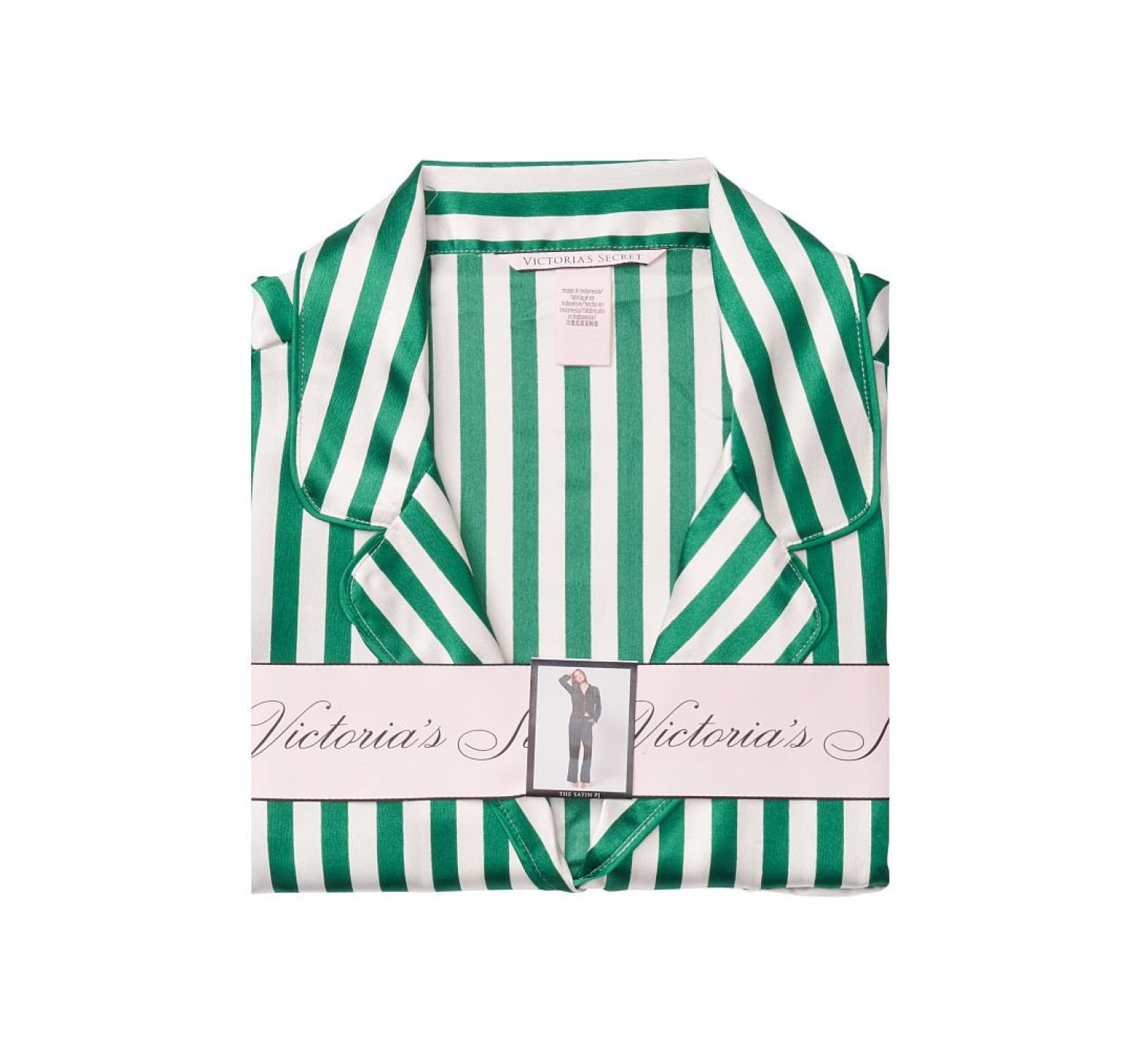 Сатиновая пижама VS Satin Long Pj Set Rainforest Green Stripe